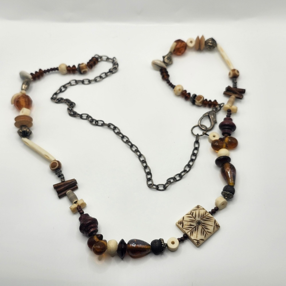 Boho Tribal Beaded Belt Bone Wood Glass Resin Mixed Media Earth‎ Tones Brown